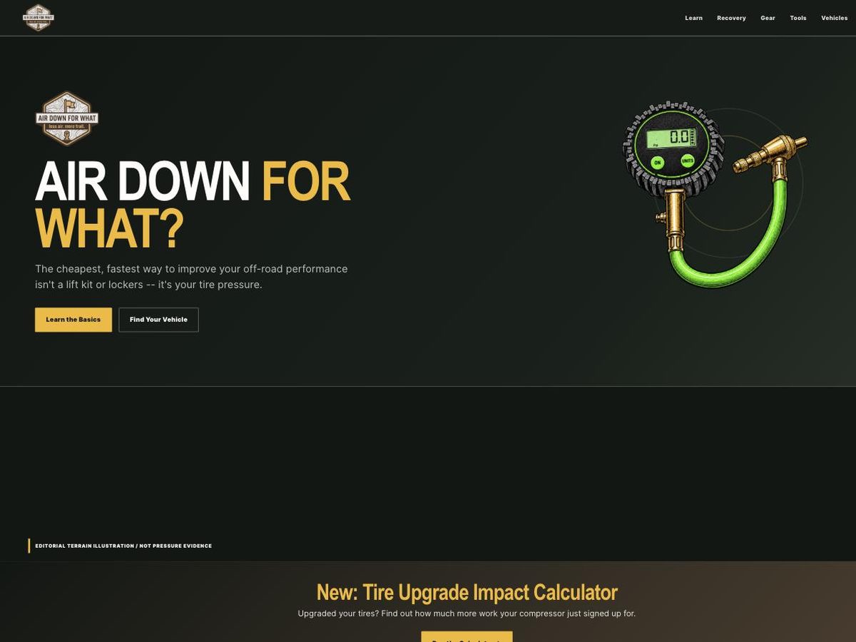 Air Down For What home page: the Air Down For What headline beside a tire-pressure gauge illustration