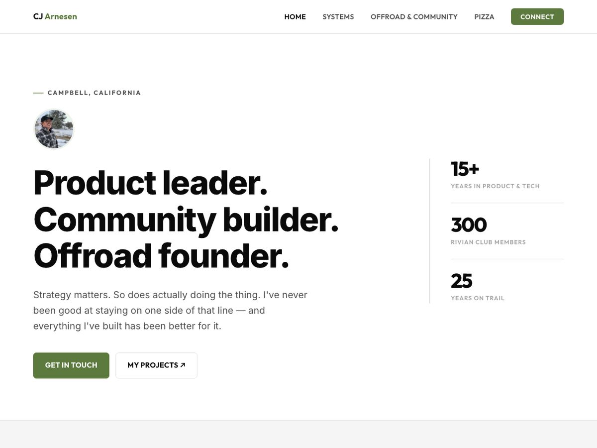cjarnesen.com home page: product leader, community builder, offroad founder