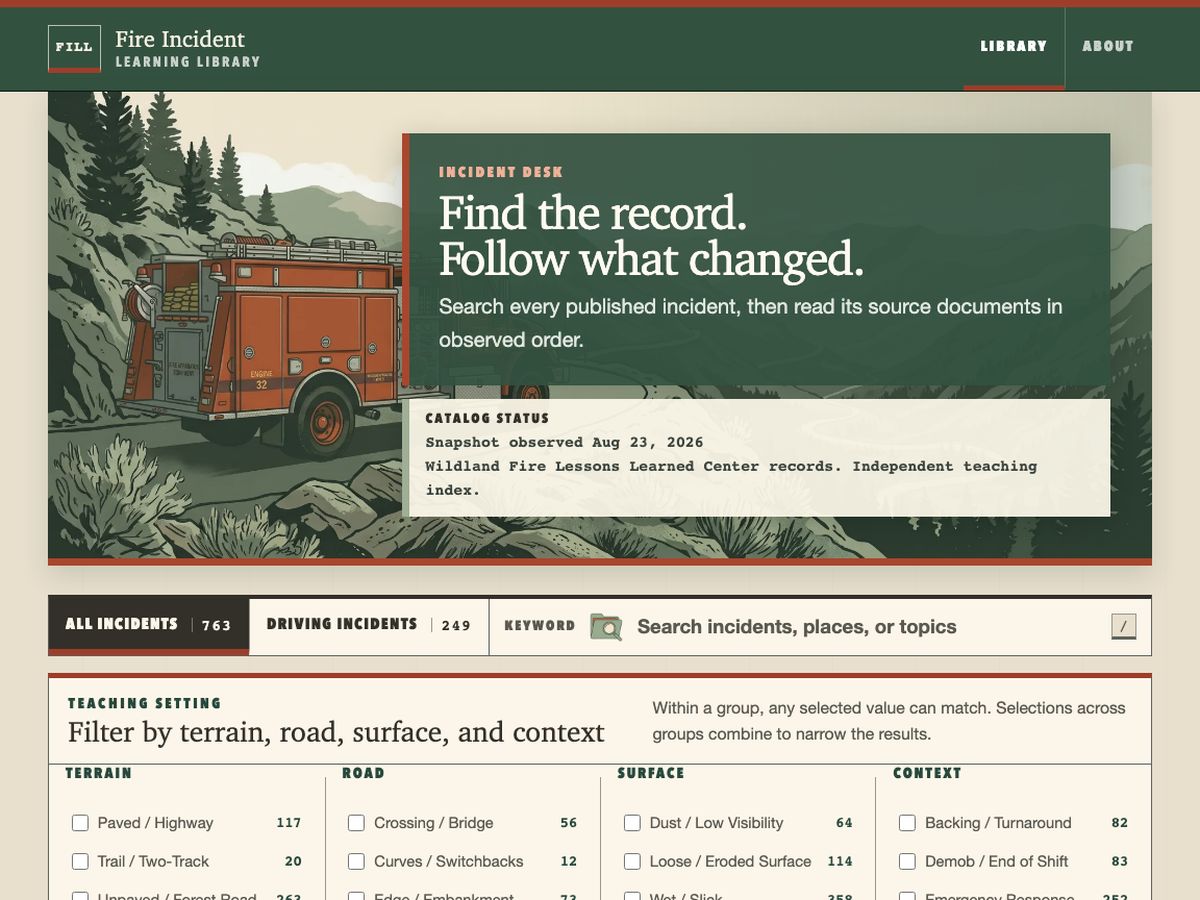 Fire Incident Learning Library home page: 763 incidents, searchable