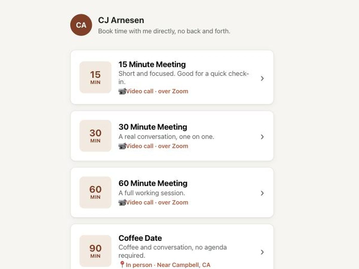 Hitching Post booking page listing four meeting types