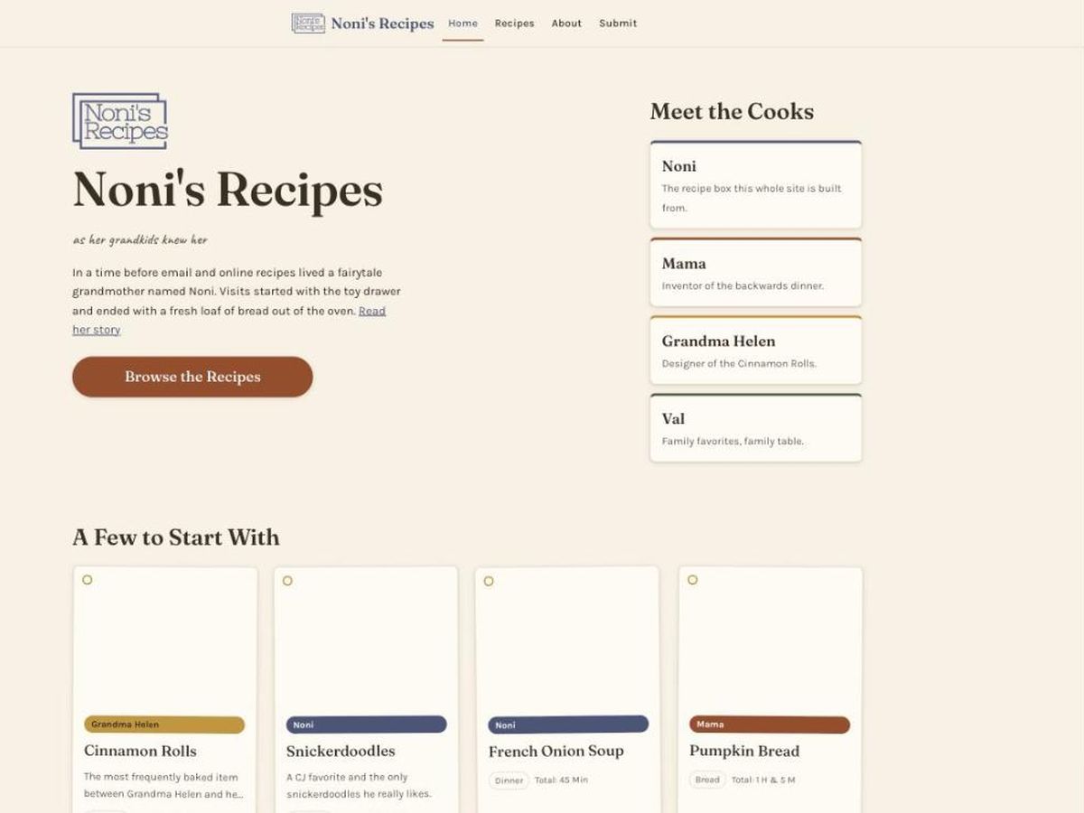 Noni's Recipes home page with the family cooks and featured recipes