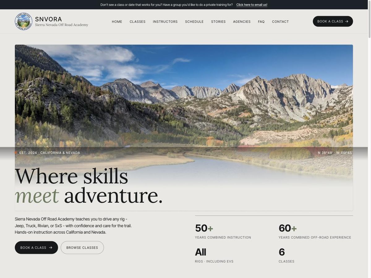 The SNVORA home page: a mountain lake hero, class catalog, and booking